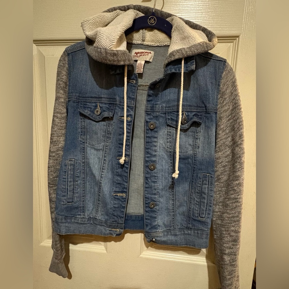 Arizona Jean Company Denim Jacket with Gray Knit Hood & Sleeves Sz SM